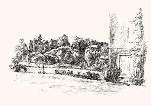 Alfred Wickenburg, Ansicht von Velden, um 1964, Schwarzer Kugelschreiber auf Papier, Blattmaße: ...