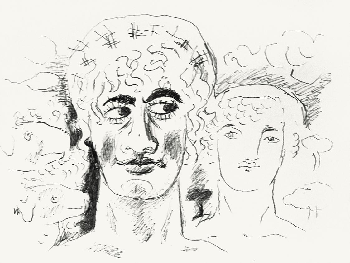 Alfred Wickenburg, Zwei Köpfe in einer Landschaft mit Schafen, um 1970, Schwarzer Filzstift auf ...