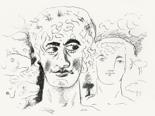 Alfred Wickenburg, Zwei Köpfe in einer Landschaft mit Schafen, um 1970, Schwarzer Filzstift auf ...