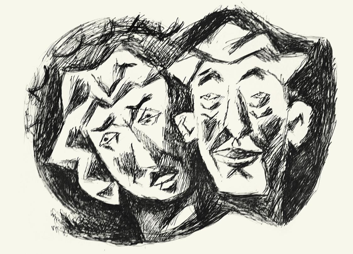 Alfred Wickenburg, Gesichter, um 1970, Schwarzer Filzstift auf Papier, Blattmaße: 42 × 56 cm, G ...