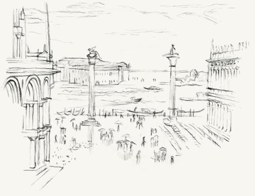 Alfred Wickenburg, Piazzetta San Marco, um 1956, Kohle auf Papier, Blattmaße: 24,1 × 32 cm, Lei ...