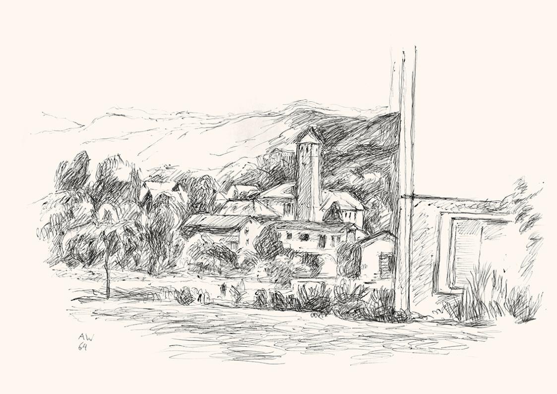 Alfred Wickenburg, Ansicht von Velden, 1964, Schwarzer Kugelschreiber auf Papier, Blattmaße: 29 ...