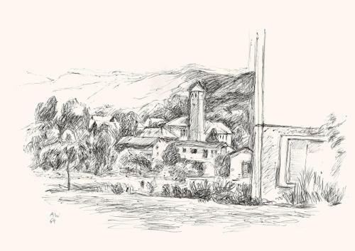 Alfred Wickenburg, Ansicht von Velden, 1964, Schwarzer Kugelschreiber auf Papier, Blattmaße: 29 ...