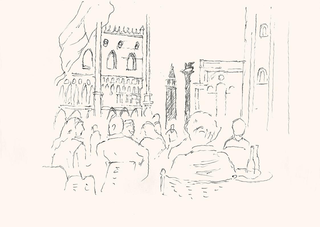 Alfred Wickenburg, Café am Markusplatz, um 1965, Schwarzer Kugelschreiber auf Papier, Blattmaße ...