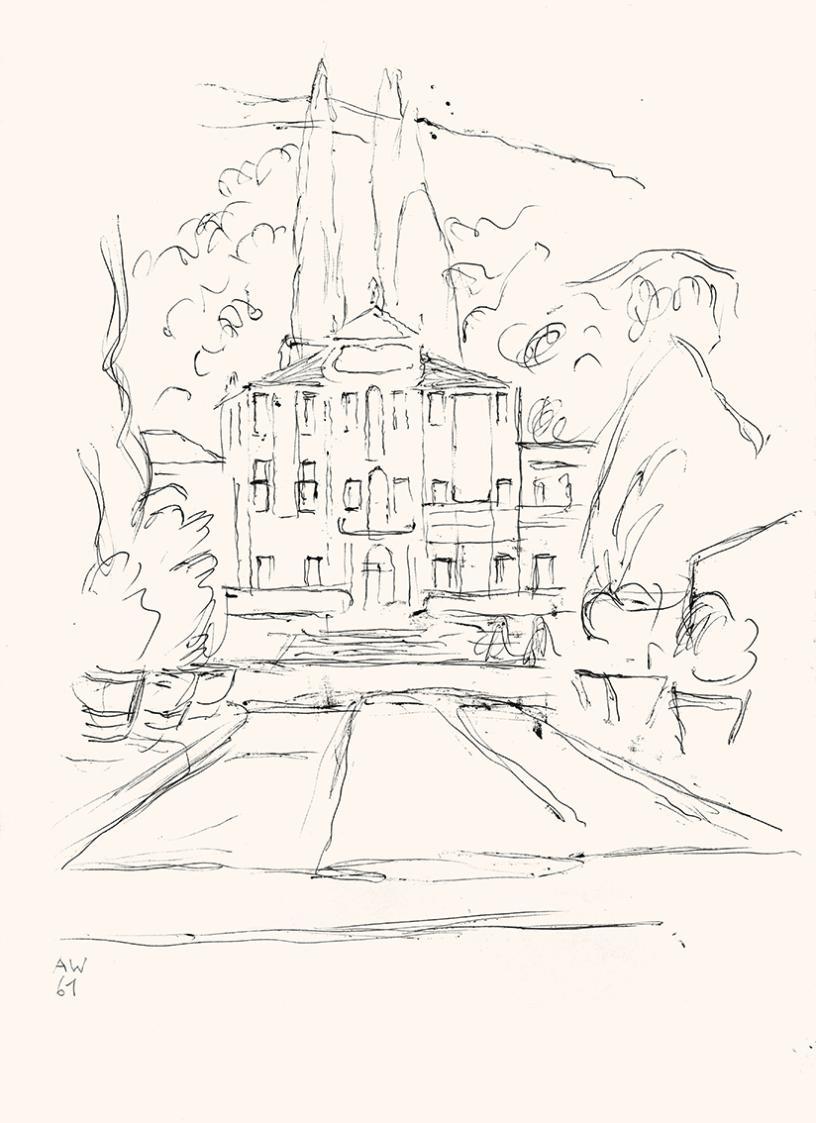Alfred Wickenburg, Villa in Park, 1961, Schwarzer Kugelschreiber auf Papier, Blattmaße: 32,8 ×  ...