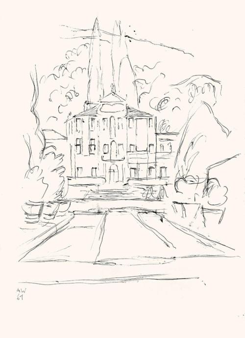 Alfred Wickenburg, Villa in Park, 1961, Schwarzer Kugelschreiber auf Papier, Blattmaße: 32,8 ×  ...