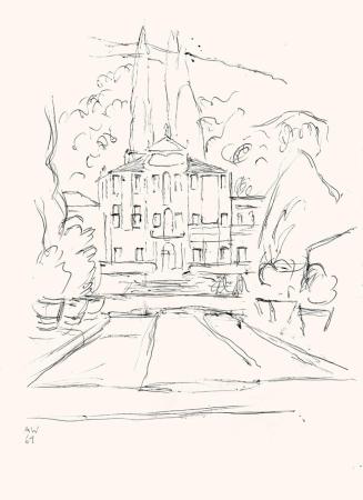 Alfred Wickenburg, Villa in Park, 1961, Schwarzer Kugelschreiber auf Papier, Blattmaße: 32,8 ×  ...