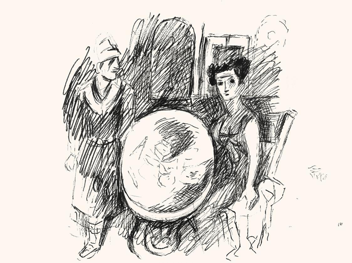 Alfred Wickenburg, Mann und Frau an einem Rundtisch, um 1970, Schwarzer Filzstift auf Papier, B ...