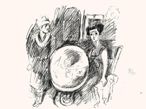 Alfred Wickenburg, Mann und Frau an einem Rundtisch, um 1970, Schwarzer Filzstift auf Papier, B ...