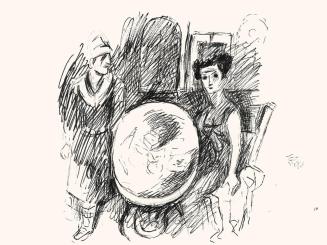 Alfred Wickenburg, Mann und Frau an einem Rundtisch, um 1970, Schwarzer Filzstift auf Papier, B ...