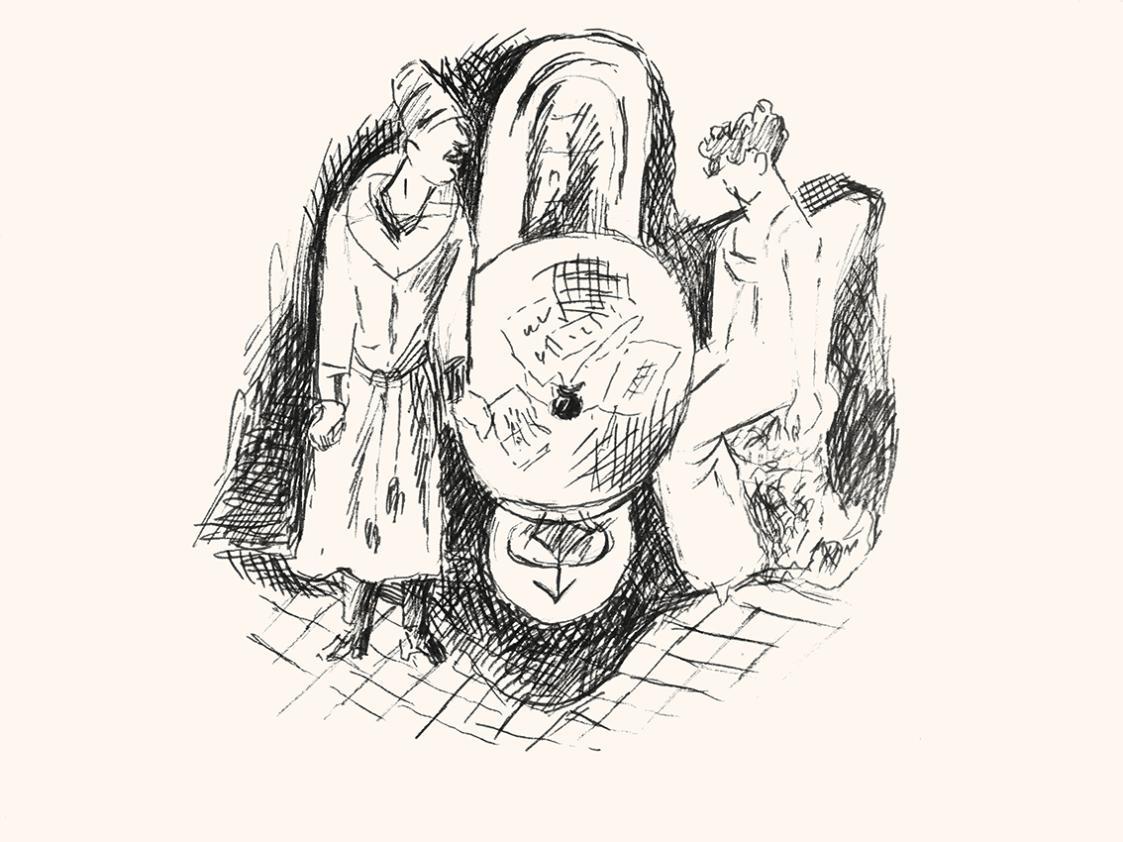 Alfred Wickenburg, Mann und Frau an einem Rundtisch, um 1970, Schwarzer Filzstift auf Papier, B ...