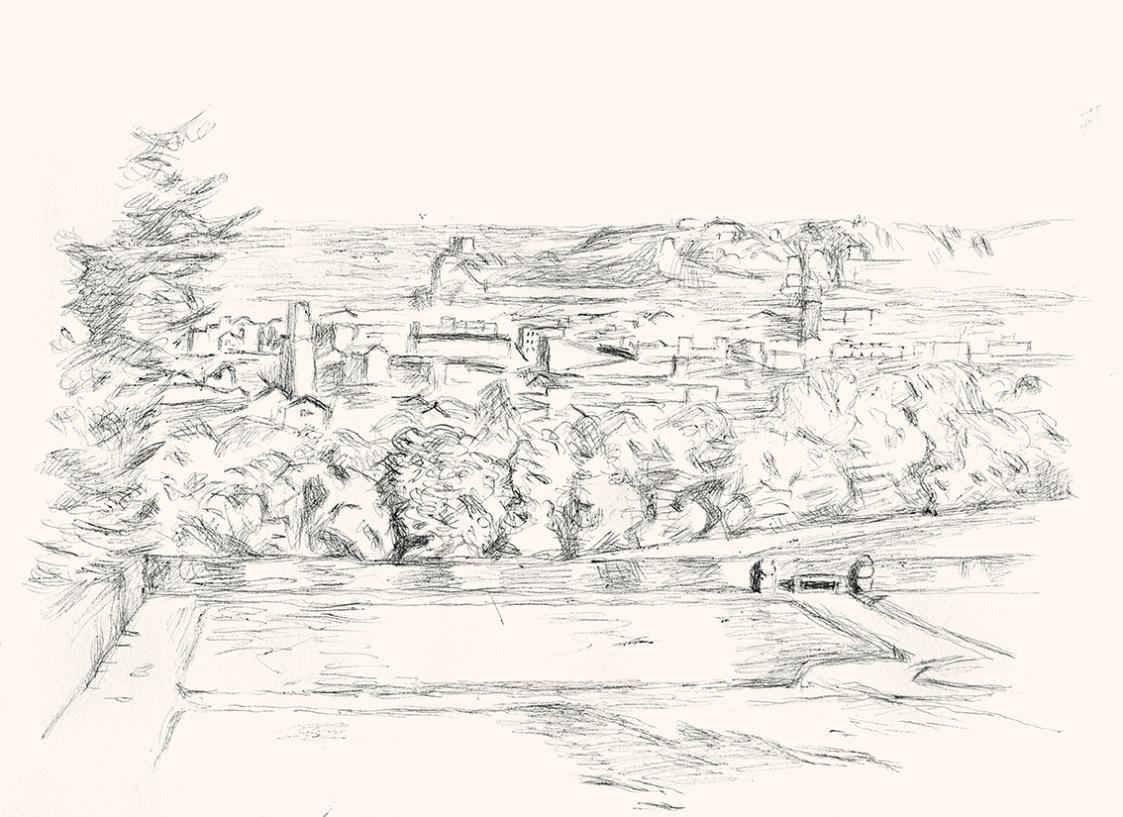 Alfred Wickenburg, Landschaft mit Häusern, um 1960, Schwarzer Kugelschreiber auf Papier, Blattm ...