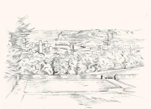 Alfred Wickenburg, Landschaft mit Häusern, um 1960, Schwarzer Kugelschreiber auf Papier, Blattm ...