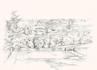 Alfred Wickenburg, Landschaft mit Häusern, um 1960, Schwarzer Kugelschreiber auf Papier, Blattm ...