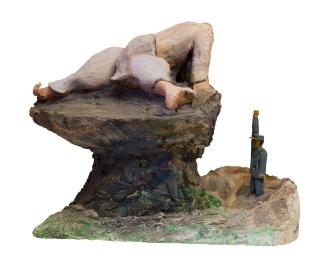 Kurt Hüpfner, Ohne Titel, 2003, Terrakotta, Gips, Holz, Acryl, Pigmentfarbe, Öl, 27 × 33 × 23 c ...