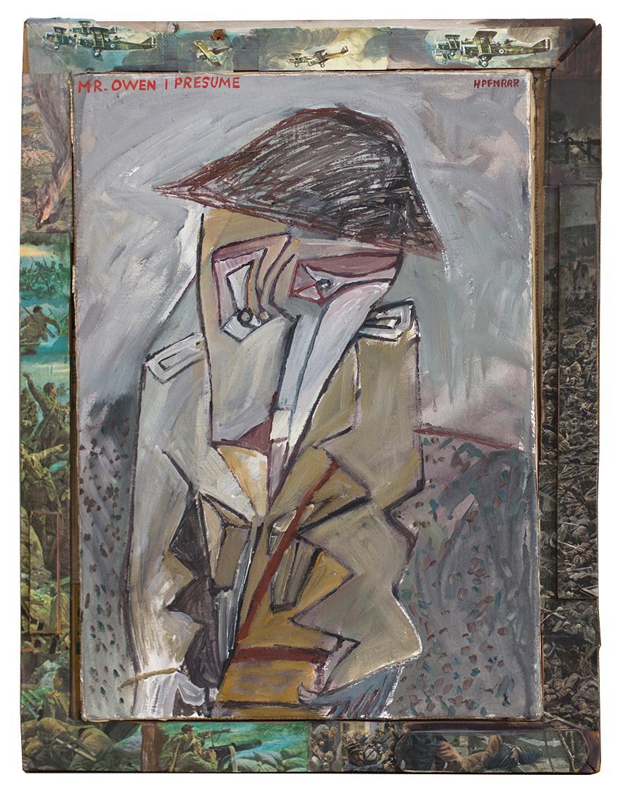 Kurt Hüpfner, "Mr. Owen I Presume", 1995, Acryl auf Leinwand, Keilrahmen mit Zeitungsauschnitte ...