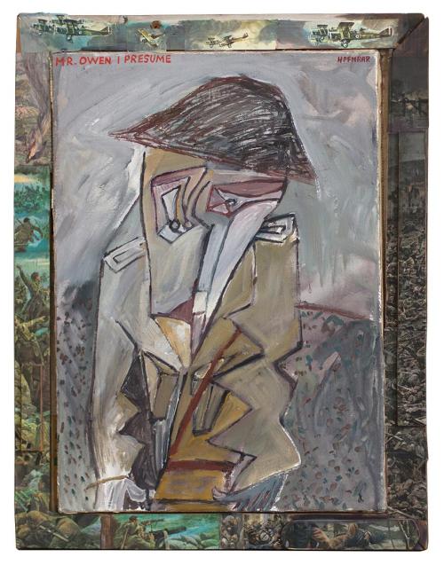 Kurt Hüpfner, "Mr. Owen I Presume", 1995, Acryl auf Leinwand, Keilrahmen mit Zeitungsauschnitte ...