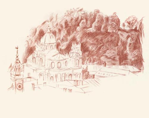 Alfred Wickenburg, Blick auf eine Kirche, 1938/1942, Rötel auf Papier, Blattmaße: 28,6 × 36,2 c ...