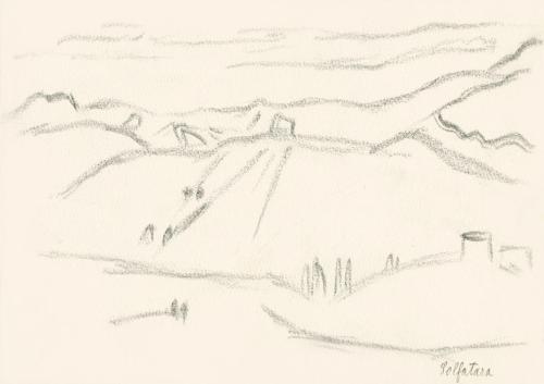 Alfred Wickenburg, Landschaftsdarstellung von Solfatara, 1920/1923, Graphit und Tinte in Feder  ...