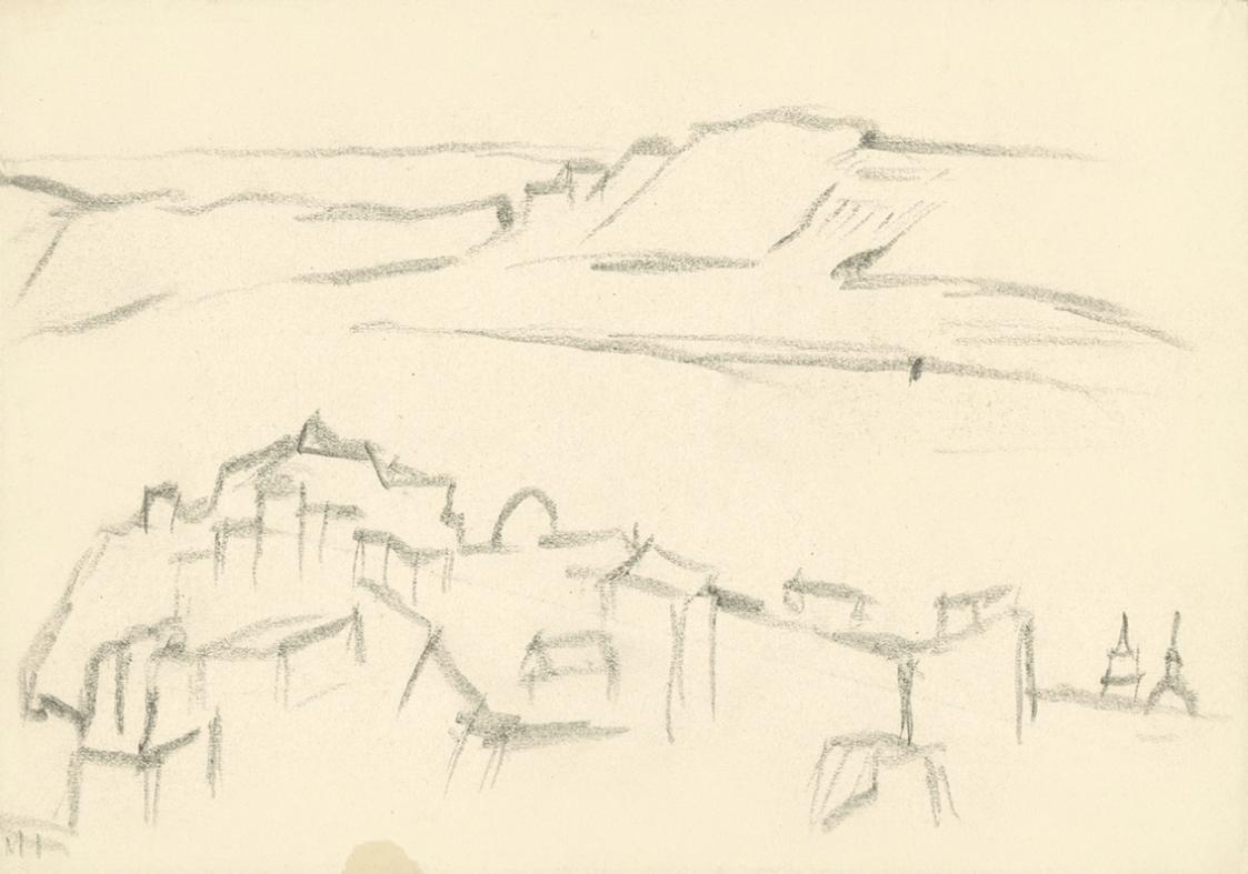 Alfred Wickenburg, Stadtansicht, 1920/1923, Graphit auf Papier, Blattmaße: 17,8 × 25,2 cm, Priv ...