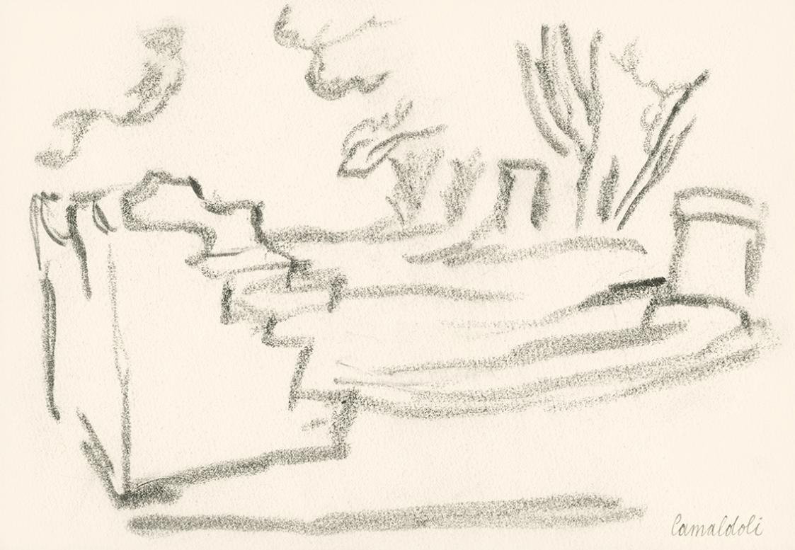 Alfred Wickenburg, Architektur in einer Landschaft, Camaldoli, 1920/1923, Graphit auf Papier, B ...