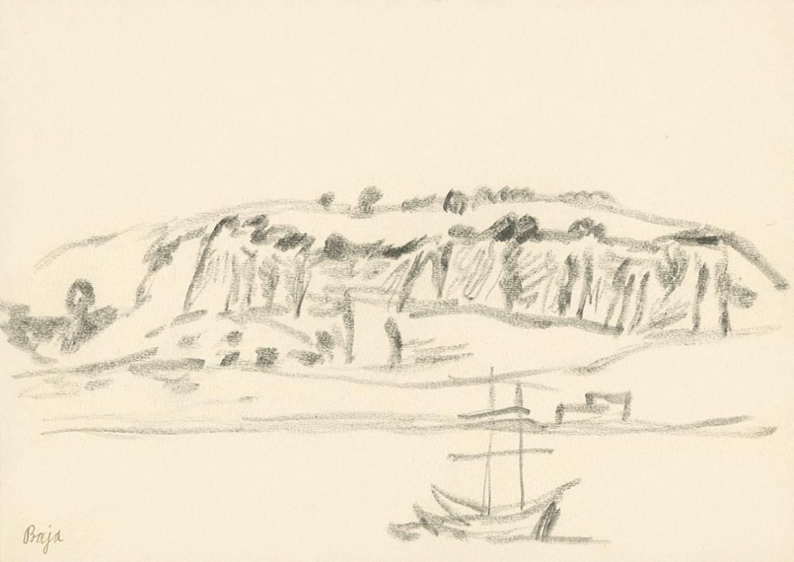 Alfred Wickenburg, Schiff vor italienischer Landschaft, Baja, 1920/1923, Graphit auf Papier, Bl ...