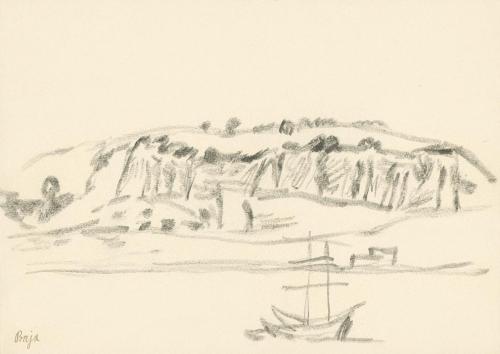 Alfred Wickenburg, Schiff vor italienischer Landschaft, Baja, 1920/1923, Graphit auf Papier, Bl ...