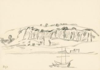 Alfred Wickenburg, Schiff vor italienischer Landschaft, Baja, 1920/1923, Graphit auf Papier, Bl ...