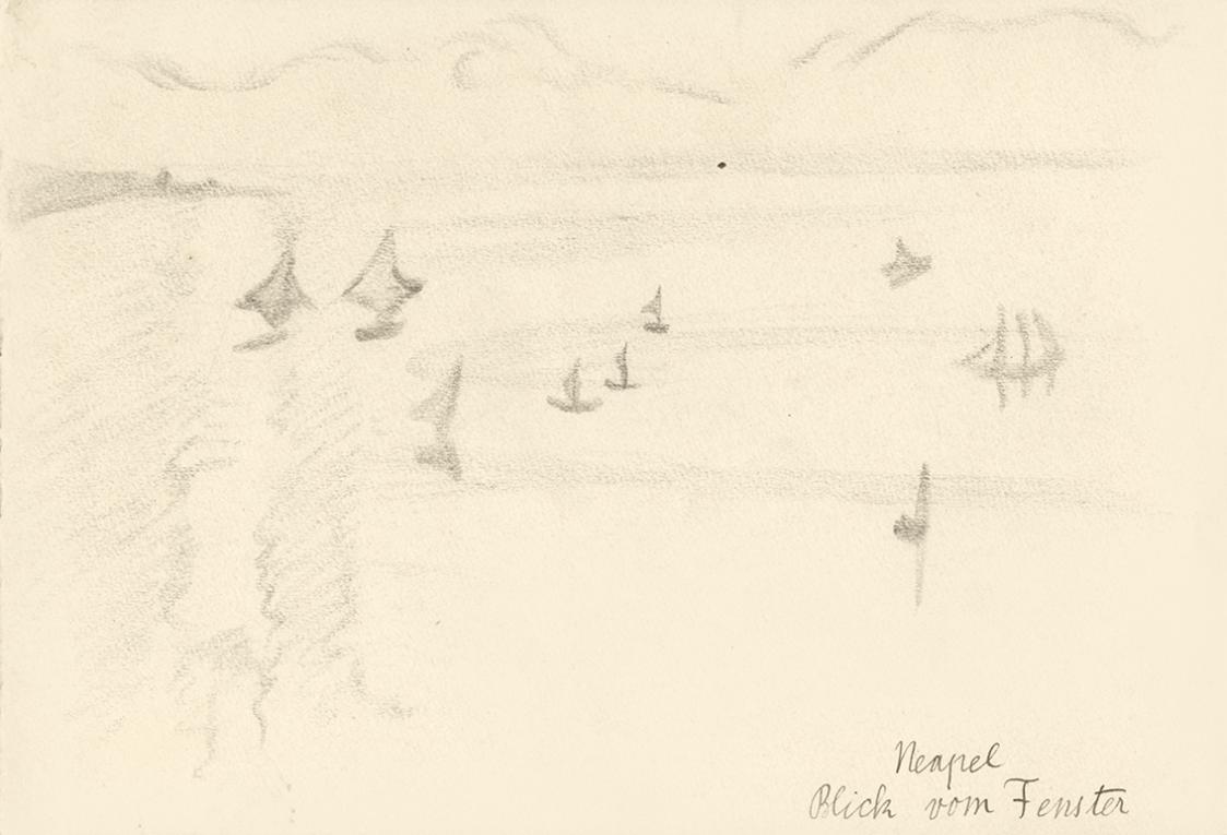 Alfred Wickenburg, Blick aus dem Fenster auf Segelboote vor Neapel, 1920/1923, Graphit auf Papi ...