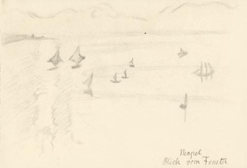 Alfred Wickenburg, Blick aus dem Fenster auf Segelboote vor Neapel, 1920/1923, Graphit auf Papi ...