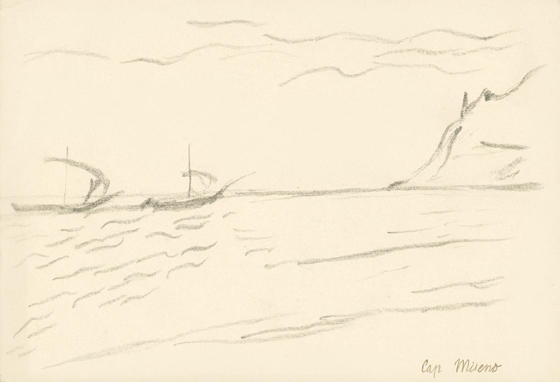 Alfred Wickenburg, Zwei Segelboote im Meer vor Capo Miseno, 1920/1923, Graphit auf Papier, Blat ...