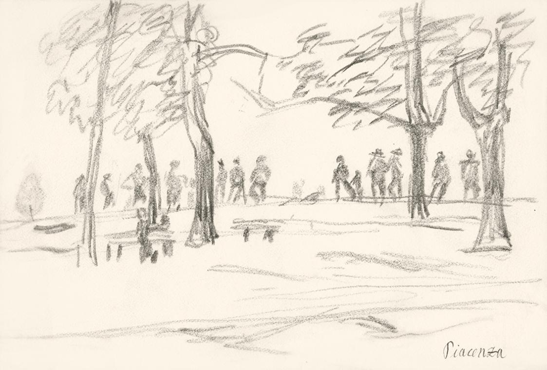 Alfred Wickenburg, Gruppe von Menschen in einer Landschaft, Piacenza, 1920/1923, Graphit und Fe ...