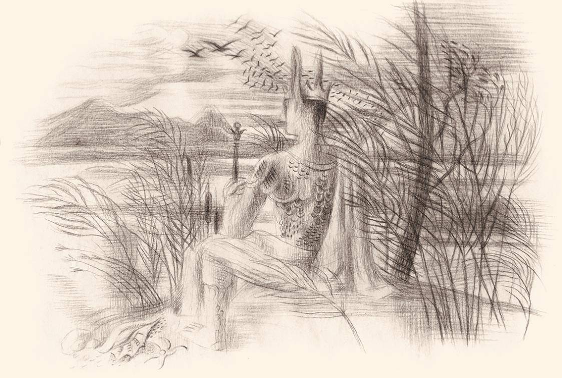 Alfred Wickenburg, König Midas, 1940/1945, Kohle über Bleistift auf Papier, Blattmaße: 34,5 × 4 ...