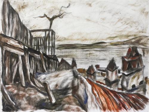 Otto Rudolf Schatz, Donaulandschaft mit alten Häusern, um 1920, Öltempera, Bleistift auf Papier ...