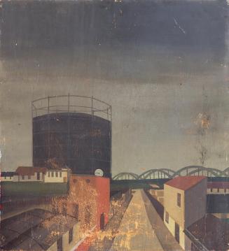 Otto Rudolf Schatz, Floridsdorfer Brücke mit Gasometer, um 1928, Öl auf Holz, 78,2 × 71 cm, Pri ...