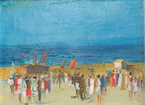 Otto Rudolf Schatz, Spaziergänger am Strand von Ulcinj, 1932, Öl auf Leinwand, 26,5 × 34,5 cm,  ...