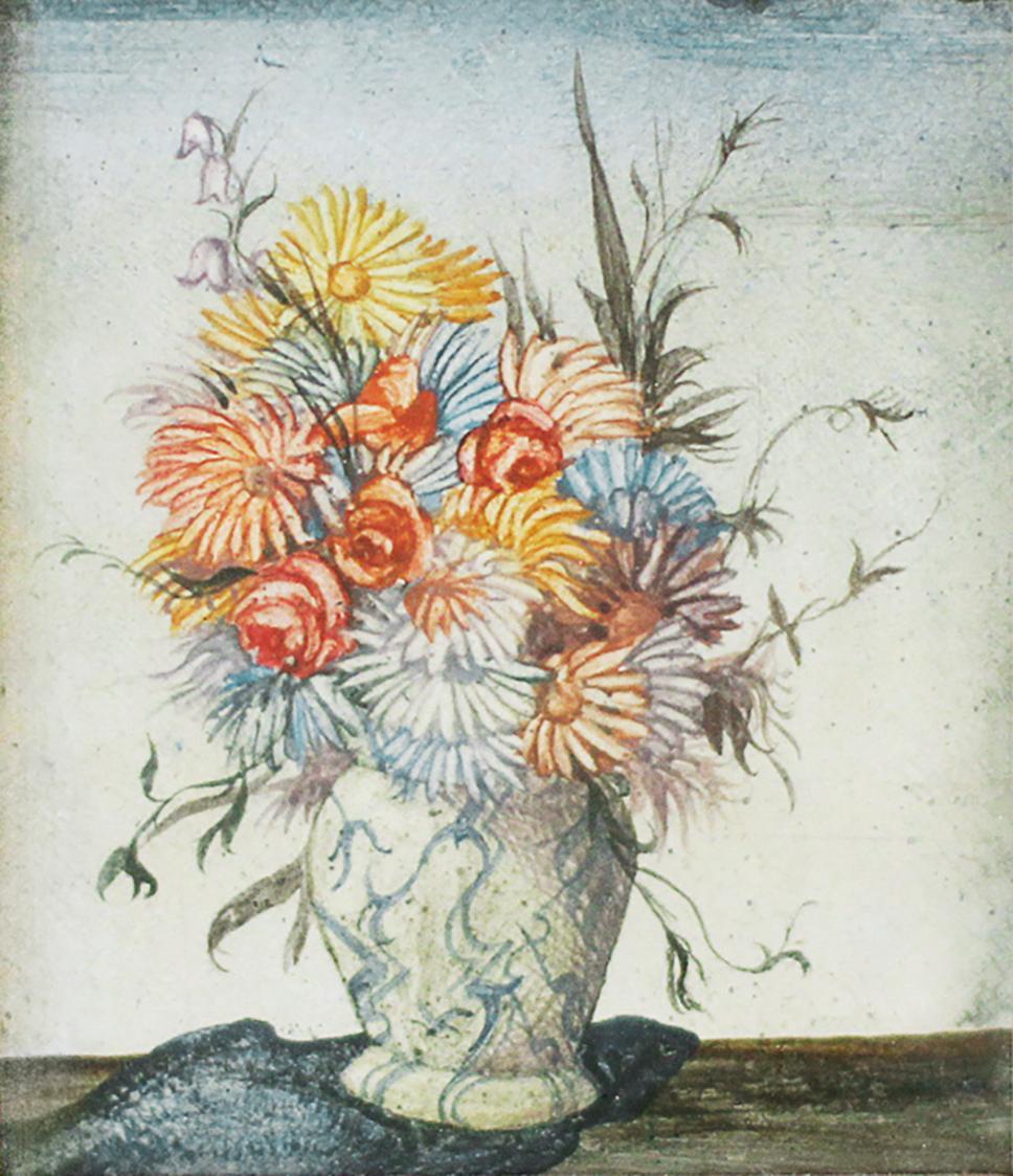 Otto Rudolf Schatz, Keramikvase mit Dahlien und Rosen, um 1935, Kaseintempera,Japanlack auf Hol ...