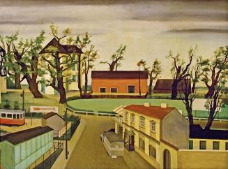 Otto Rudolf Schatz, Lusthaus im Prater mit Tram, 1926, Öl auf Holz, 91 × 121 cm, The George Eco ...