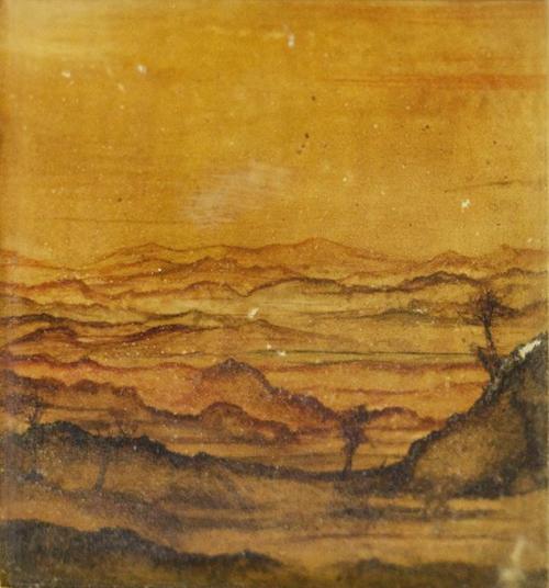 Otto Rudolf Schatz, Weite Gebirgslandschaft, um 1938, Kaseintempera,  Japanlack auf Holz, 8 × 7 ...