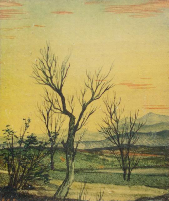 Otto Rudolf Schatz, Landschaft mit Bäumen, um 1943, Kaseintempera,  Japanlack auf Holz, 5,2 × 4 ...