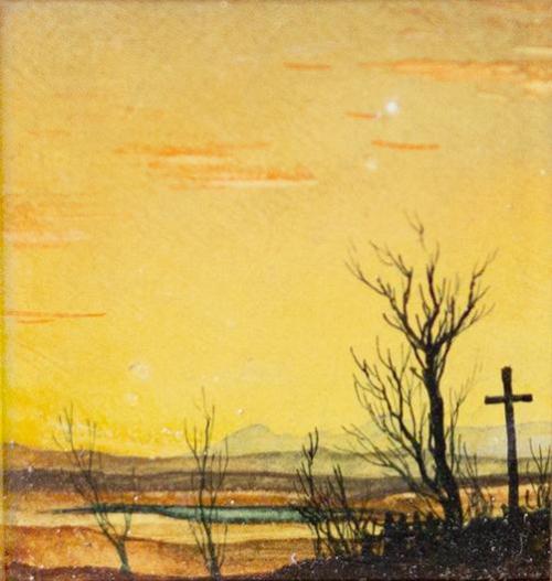 Otto Rudolf Schatz, Abendrot in einer Berglandschaft mit Kreuz, um 1944, Aquarell / Kasein / Ja ...