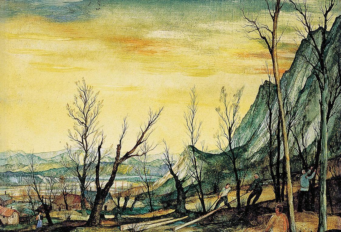 Otto Rudolf Schatz, Landschaft mit Waldarbeitern, 1944, Öl auf Hartfaserplatte, 25,3 × 35 cm, U ...