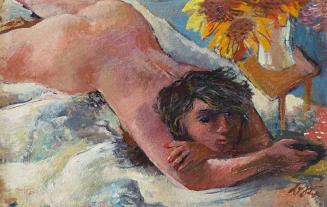 Otto Rudolf Schatz, Liegender Akt mit Sonnenblumen, um 1947, Öl auf Malkarton, 30,5 × 41 cm, Pr ...