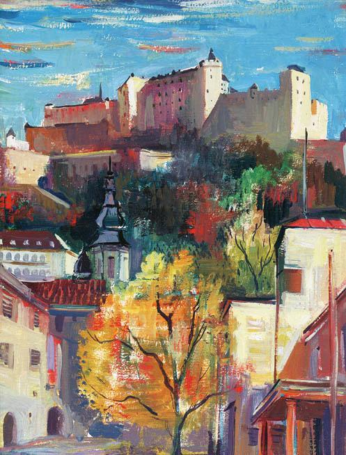 Otto Rudolf Schatz, Blick auf Hohensalzburg, um 1956, Öl auf Papier, 37,7 × 29 cm, Privatbesitz