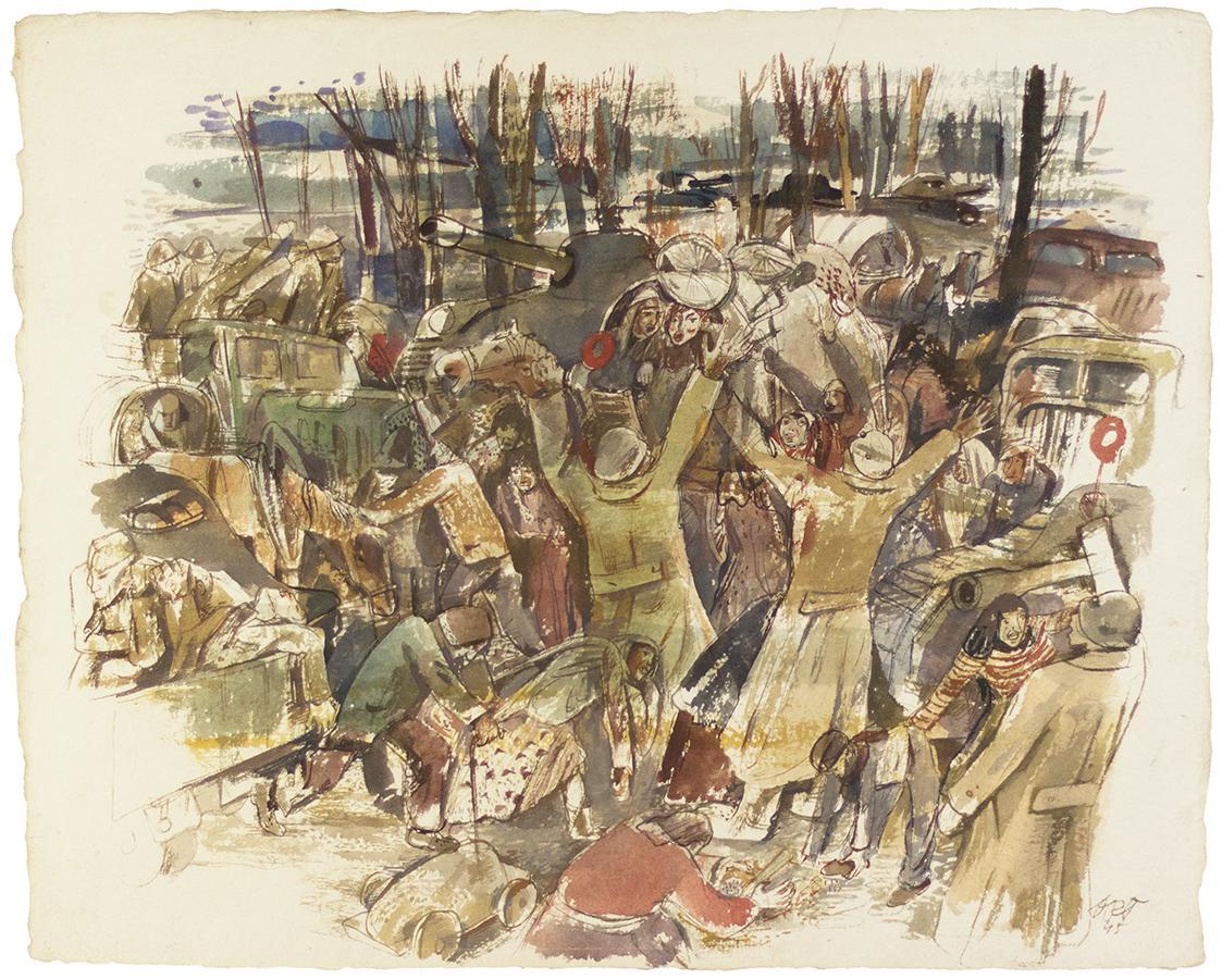 Otto Rudolf Schatz, Szene mit Soldaten und Flüchtlingen, 1945, Aquarell auf Papier, Blattmaße:  ...