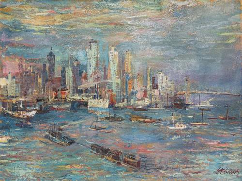 Otto Rudolf Schatz, Blick auf Downtown Manhattan, New York, um 1952, Öl auf Karton, 45,2 × 59,5 ...