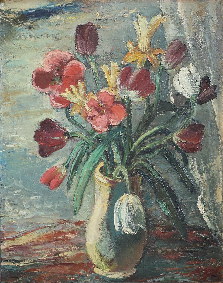 Otto Rudolf Schatz, Blumenstrauß in Tonvase, um 1947, Öl auf Karton, 53,5 × 42,5 cm, Privatbesi ...