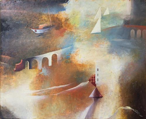 Otto Rudolf Schatz, Surreale Küstenlandschaft mit Viadukt und Segelschiffen, um 1938, Öl auf Ho ...