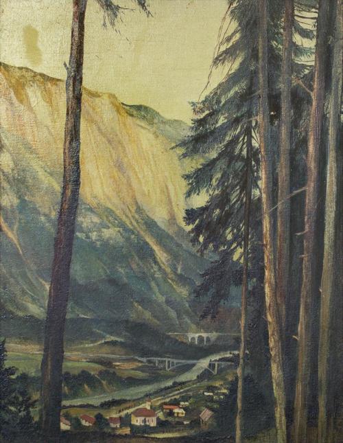 Otto Rudolf Schatz, Inntal, um 1939, Öl auf Holz, 21,5 × 28,5 cm, Privatbesitz