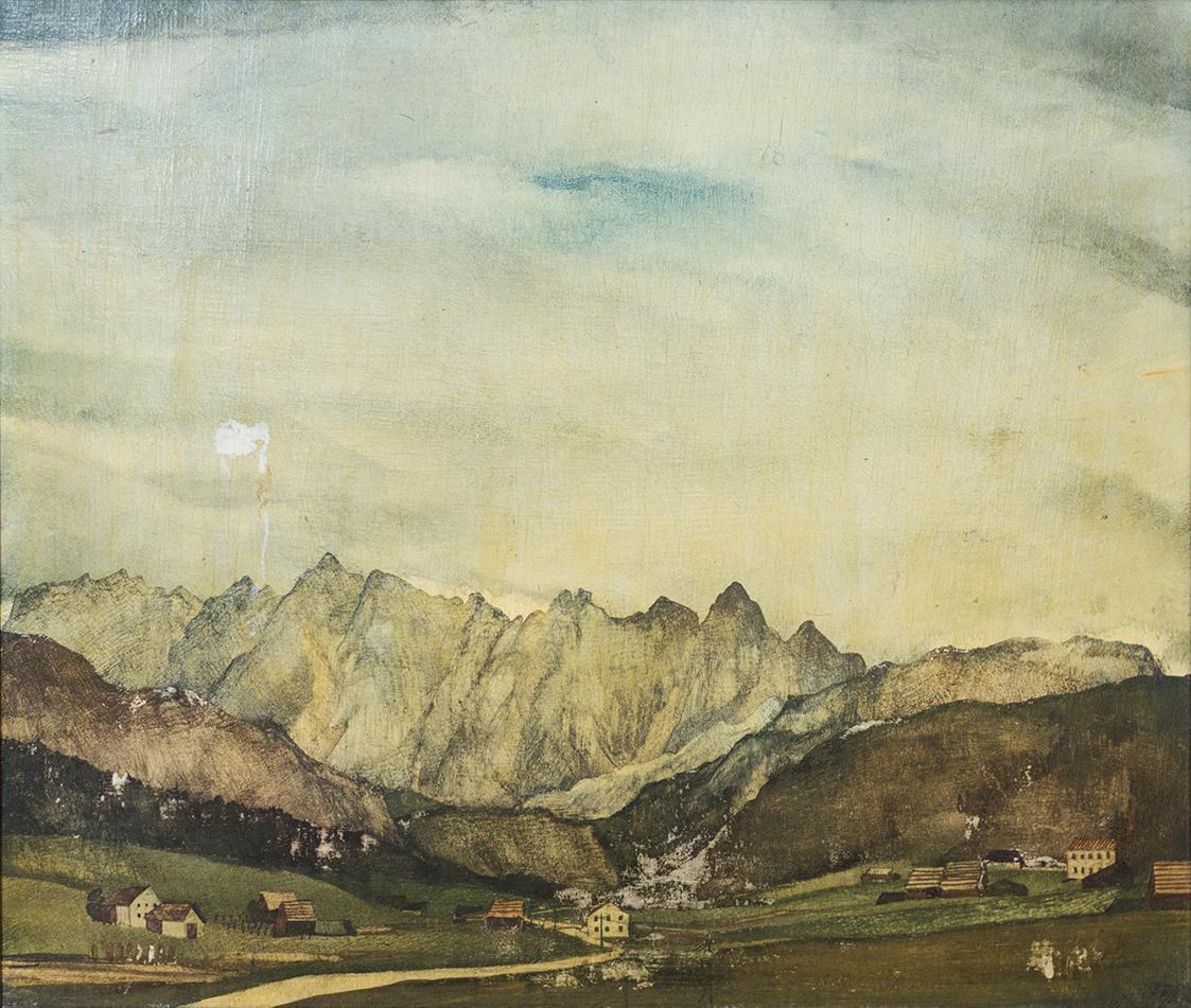 Otto Rudolf Schatz, Donnerkogelgruppe Gosau, um 1938, Kaseintempera auf Holz, 30,3 × 35,5 cm, P ...